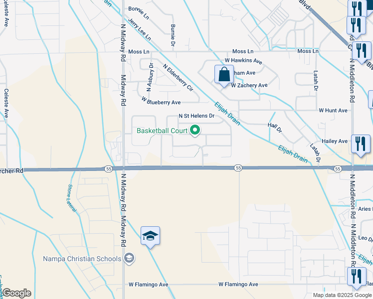 map of restaurants, bars, coffee shops, grocery stores, and more near 11717 West Crested Butte Avenue in Nampa