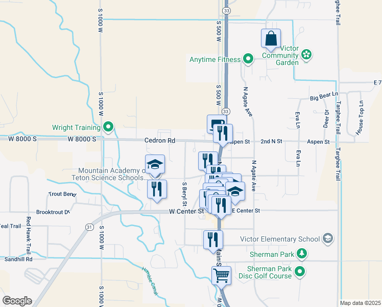 map of restaurants, bars, coffee shops, grocery stores, and more near 132-154 Beryl Street in Victor