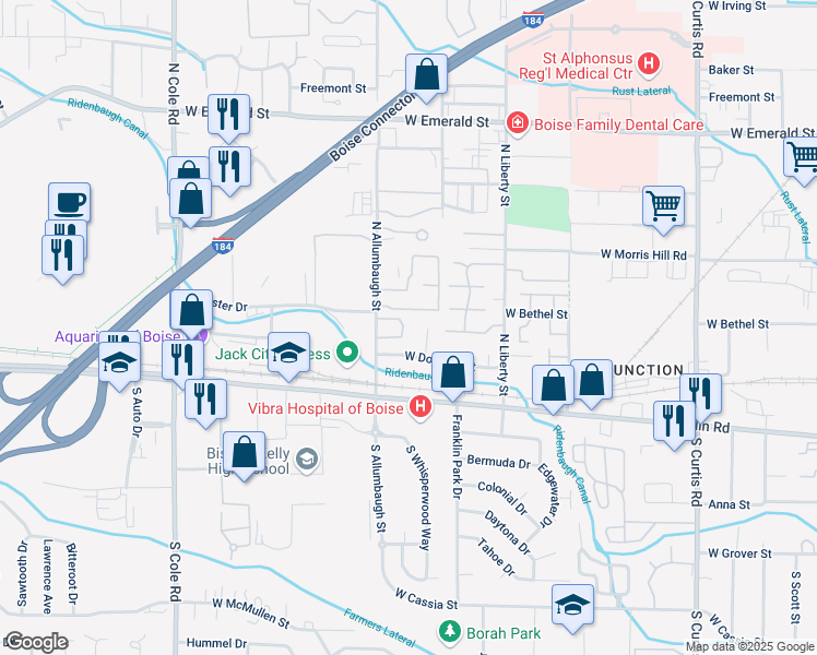 map of restaurants, bars, coffee shops, grocery stores, and more near 161 Raymond Place in Boise