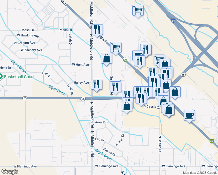 map of restaurants, bars, coffee shops, grocery stores, and more near 2424 Sundance Road in Nampa