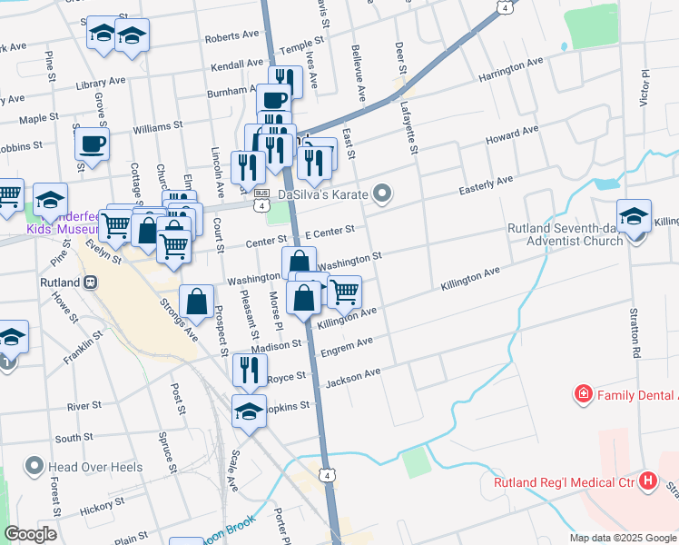 map of restaurants, bars, coffee shops, grocery stores, and more near 11 East Washington Street in Rutland