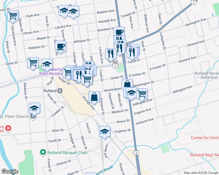 map of restaurants, bars, coffee shops, grocery stores, and more near 88 Center Street in Rutland