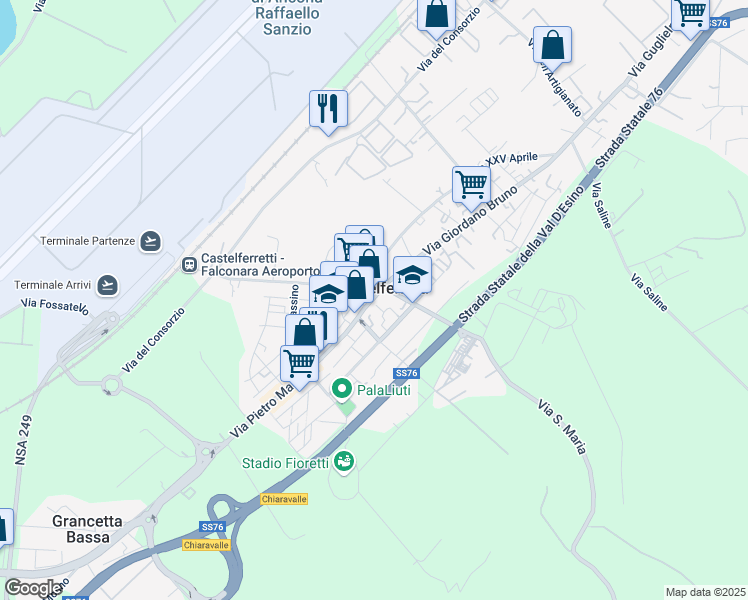 map of restaurants, bars, coffee shops, grocery stores, and more near 12 Via Leonida Bissolati in Castelferretti