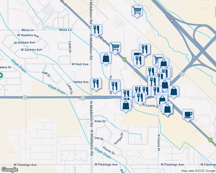 map of restaurants, bars, coffee shops, grocery stores, and more near 2424 Sundance Road in Nampa