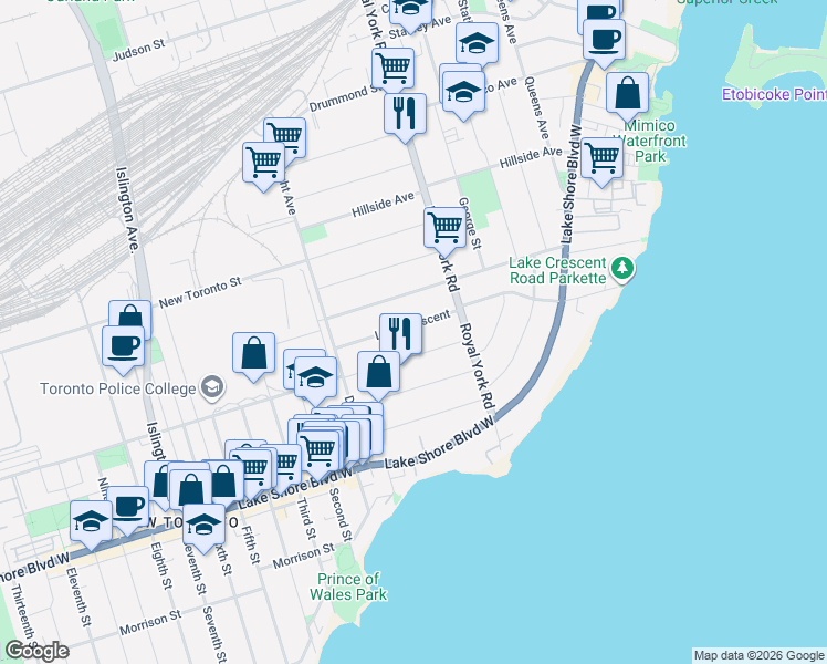 map of restaurants, bars, coffee shops, grocery stores, and more near 87 Lake Crescent in Toronto