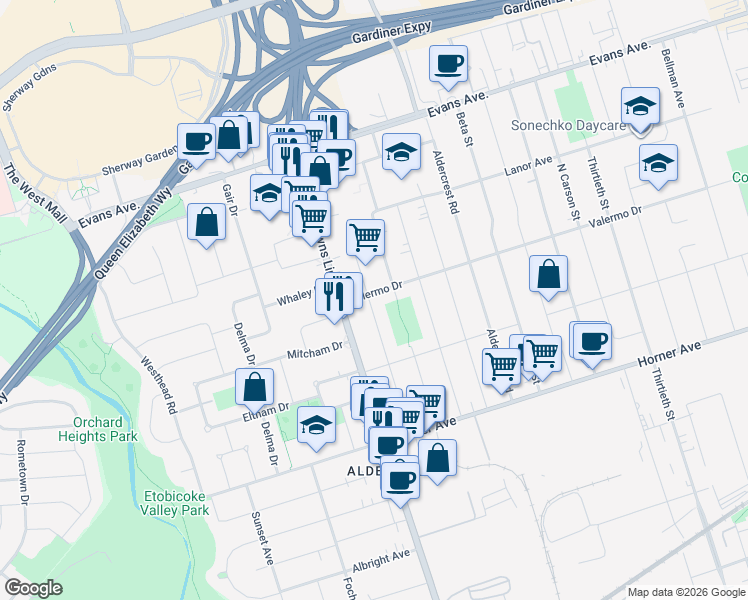 map of restaurants, bars, coffee shops, grocery stores, and more near 59 Lunness Road in Toronto