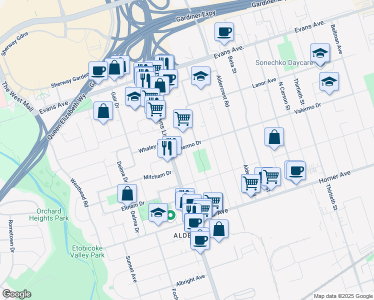map of restaurants, bars, coffee shops, grocery stores, and more near in Toronto