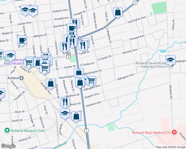 map of restaurants, bars, coffee shops, grocery stores, and more near 28 East Washington Street in Rutland