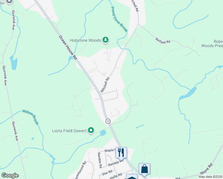 map of restaurants, bars, coffee shops, grocery stores, and more near 542 Mitchell Road in Cape Elizabeth