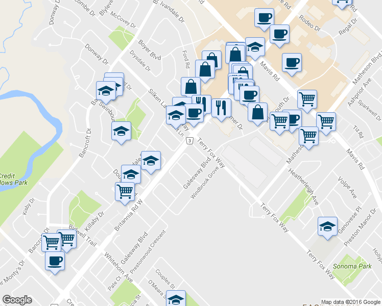 map of restaurants, bars, coffee shops, grocery stores, and more near 5805 Gant Crescent in Mississauga