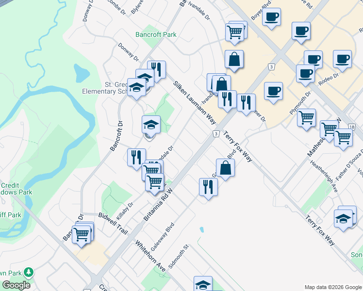 map of restaurants, bars, coffee shops, grocery stores, and more near 6048 Coxswain Crescent in Mississauga