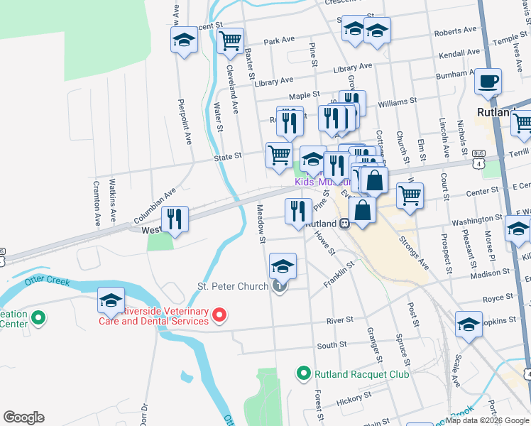 map of restaurants, bars, coffee shops, grocery stores, and more near 3 Meadow Street in Rutland