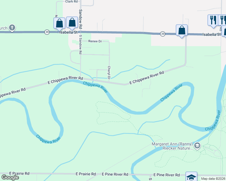 map of restaurants, bars, coffee shops, grocery stores, and more near 1608 East Chippewa River Road in Midland