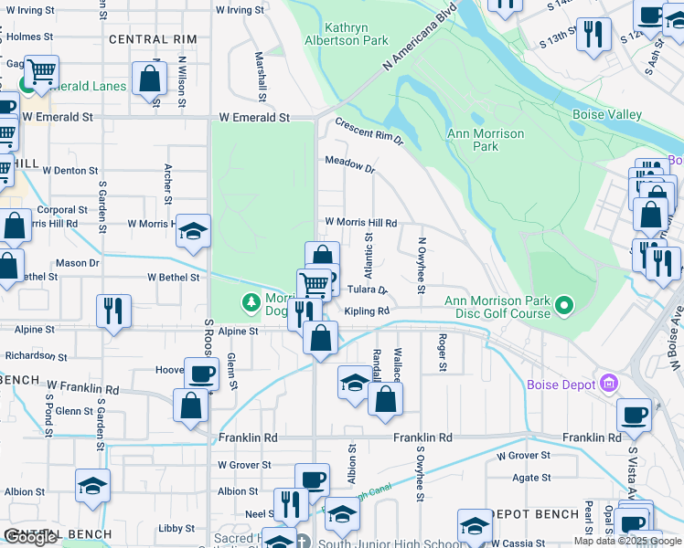 map of restaurants, bars, coffee shops, grocery stores, and more near 250 North Latah Street in Boise