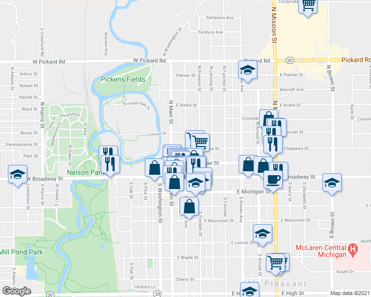 map of restaurants, bars, coffee shops, grocery stores, and more near 301 North University Avenue in Mount Pleasant
