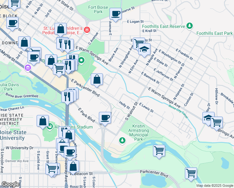 map of restaurants, bars, coffee shops, grocery stores, and more near 300 South Straughan Avenue in Boise