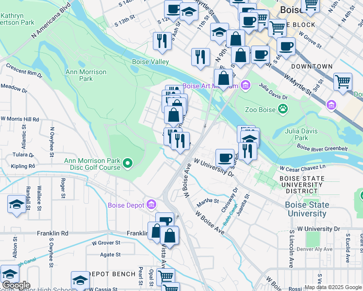 map of restaurants, bars, coffee shops, grocery stores, and more near 818 Ann Morrison Park Drive in Boise