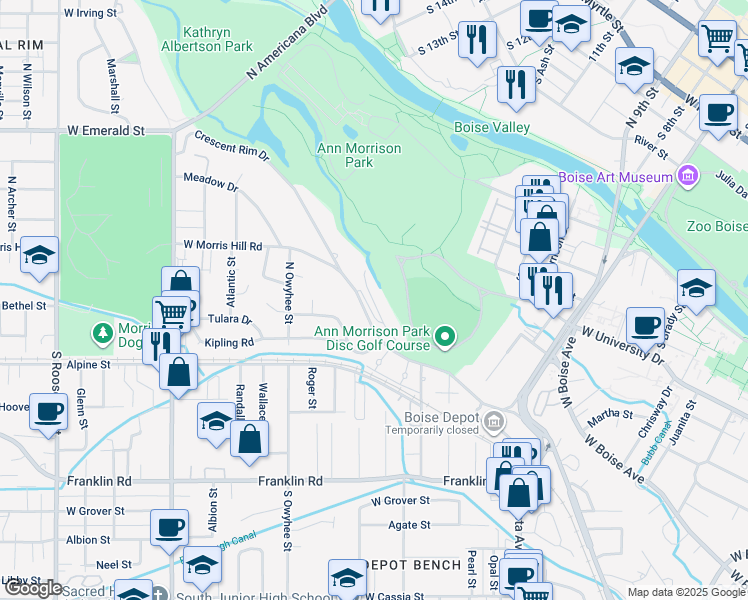 map of restaurants, bars, coffee shops, grocery stores, and more near 3120 Crescent Rim Drive in Boise