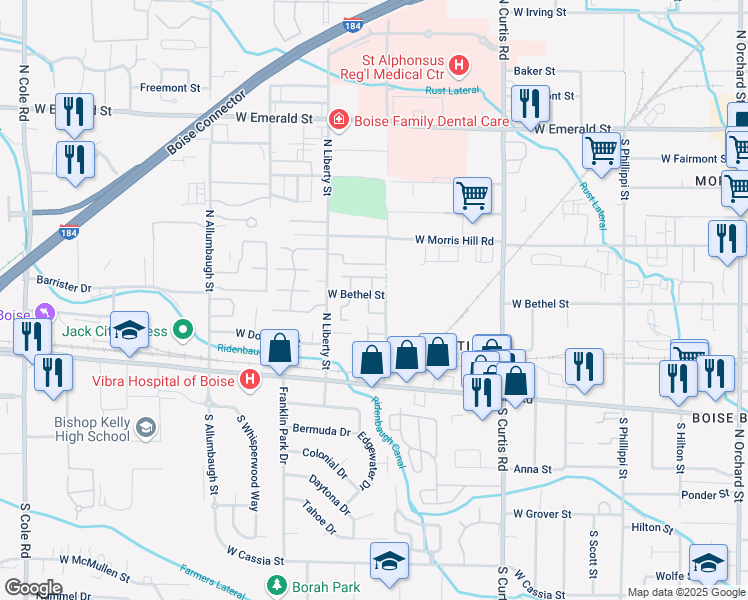 map of restaurants, bars, coffee shops, grocery stores, and more near 214 North Avenger Lane in Boise