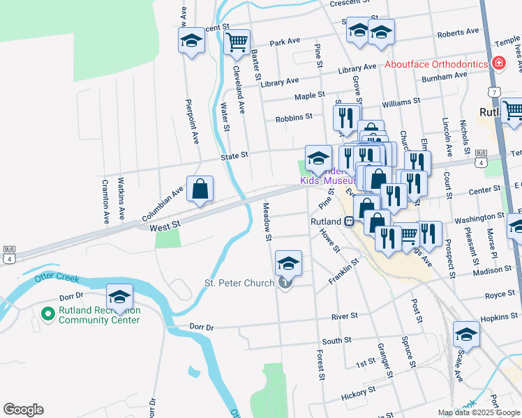 map of restaurants, bars, coffee shops, grocery stores, and more near 3 Meadow Street in Rutland