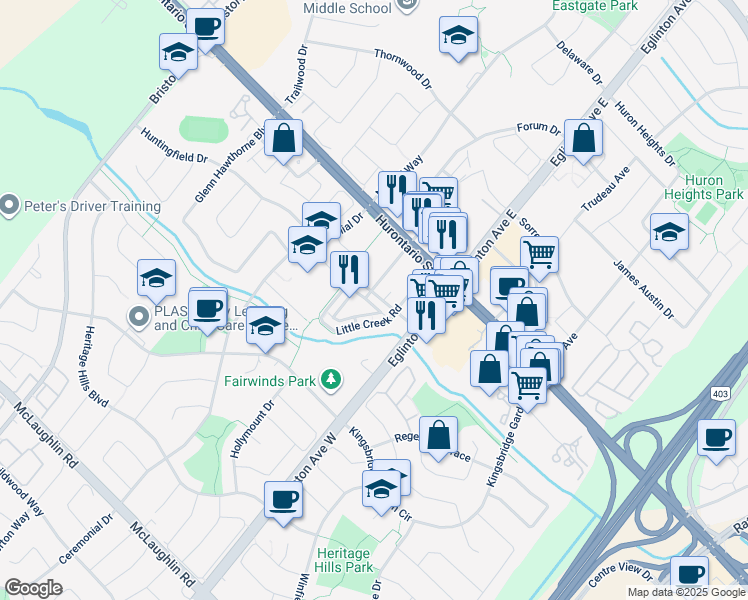 map of restaurants, bars, coffee shops, grocery stores, and more near in Mississauga