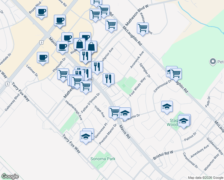 map of restaurants, bars, coffee shops, grocery stores, and more near in Mississauga