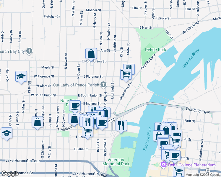 map of restaurants, bars, coffee shops, grocery stores, and more near 510 North Walnut Street in Bay City