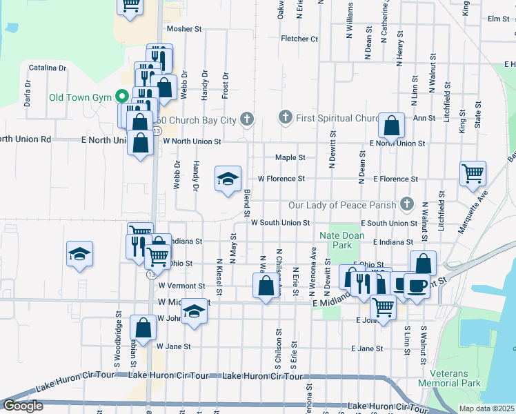 map of restaurants, bars, coffee shops, grocery stores, and more near 511 North Warner Street in Bay City