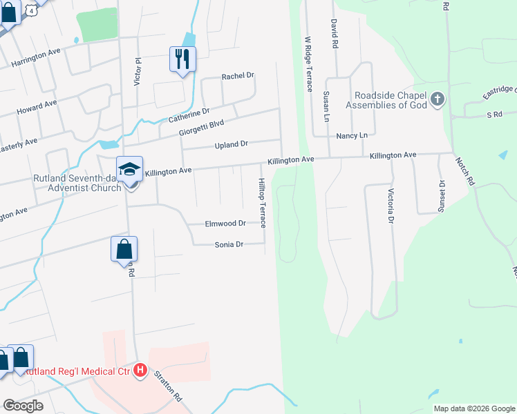 map of restaurants, bars, coffee shops, grocery stores, and more near 9 Hilltop Terrace in Rutland