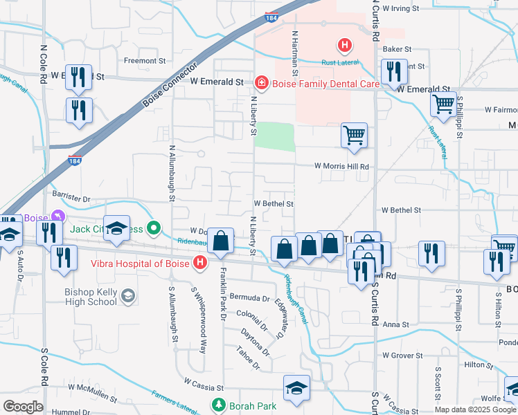 map of restaurants, bars, coffee shops, grocery stores, and more near 171 North Sea Fury Lane in Boise