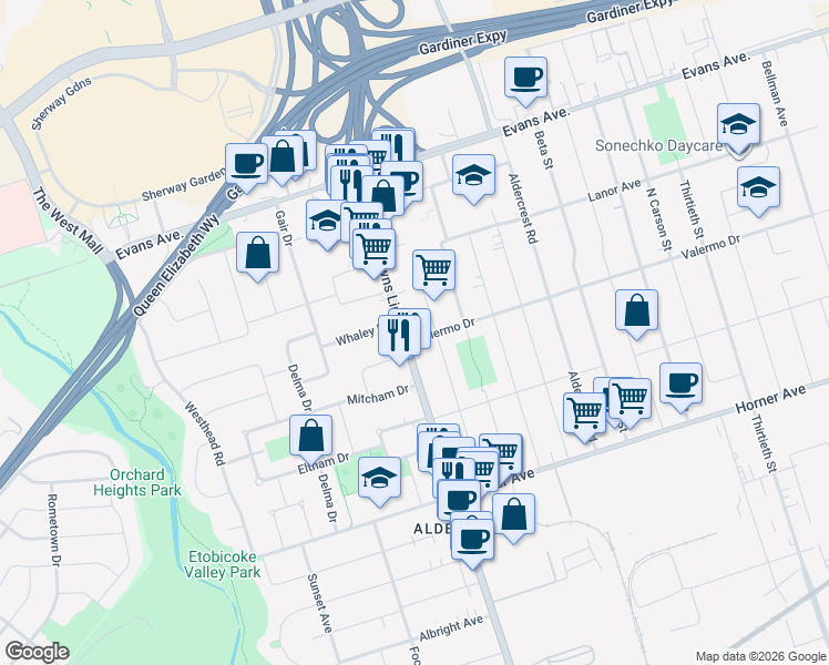 map of restaurants, bars, coffee shops, grocery stores, and more near in Toronto