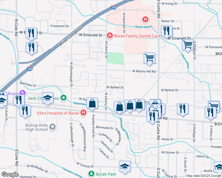 map of restaurants, bars, coffee shops, grocery stores, and more near 199 North Sea Fury Lane in Boise