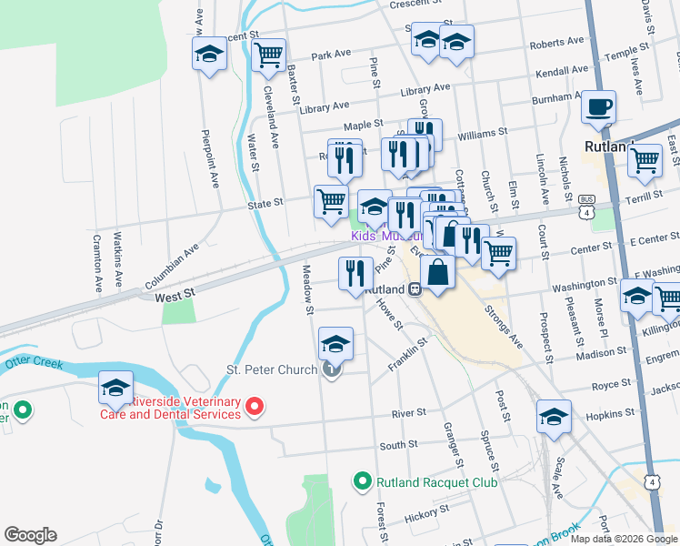 map of restaurants, bars, coffee shops, grocery stores, and more near 67 Traverse Place in Rutland