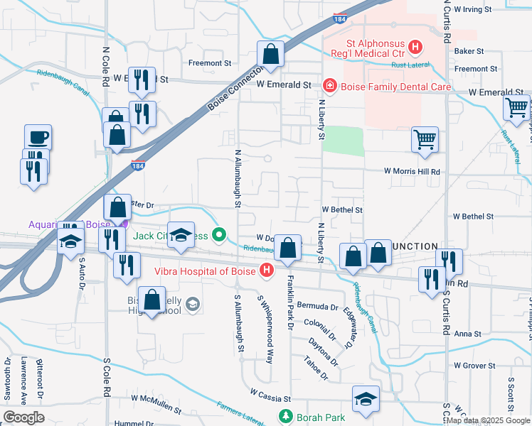 map of restaurants, bars, coffee shops, grocery stores, and more near 161 Raymond Place in Boise