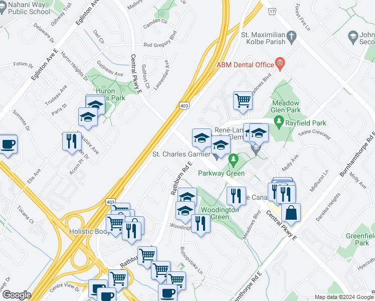 map of restaurants, bars, coffee shops, grocery stores, and more near 4371 Alta Court in Mississauga