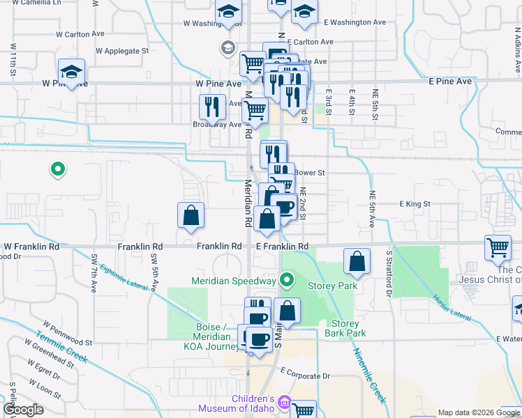 map of restaurants, bars, coffee shops, grocery stores, and more near 34 East King Street in Meridian