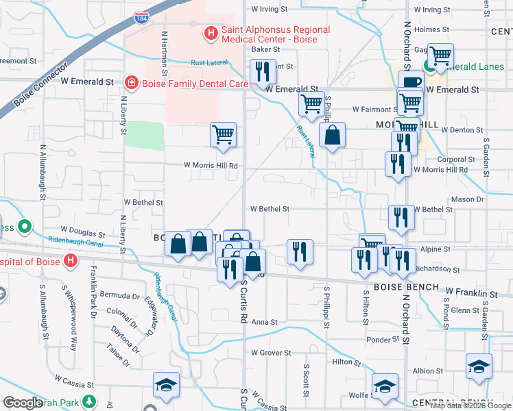 map of restaurants, bars, coffee shops, grocery stores, and more near 201 West Bethel Street in Boise