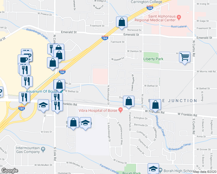 map of restaurants, bars, coffee shops, grocery stores, and more near 182 Allumbaugh Street in Boise