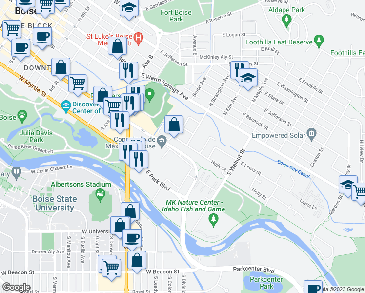 map of restaurants, bars, coffee shops, grocery stores, and more near 765 East Holly Street in Boise