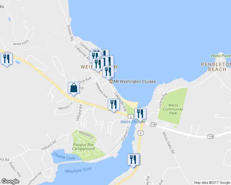map of restaurants, bars, coffee shops, grocery stores, and more near 264 Lakeside Avenue in Laconia