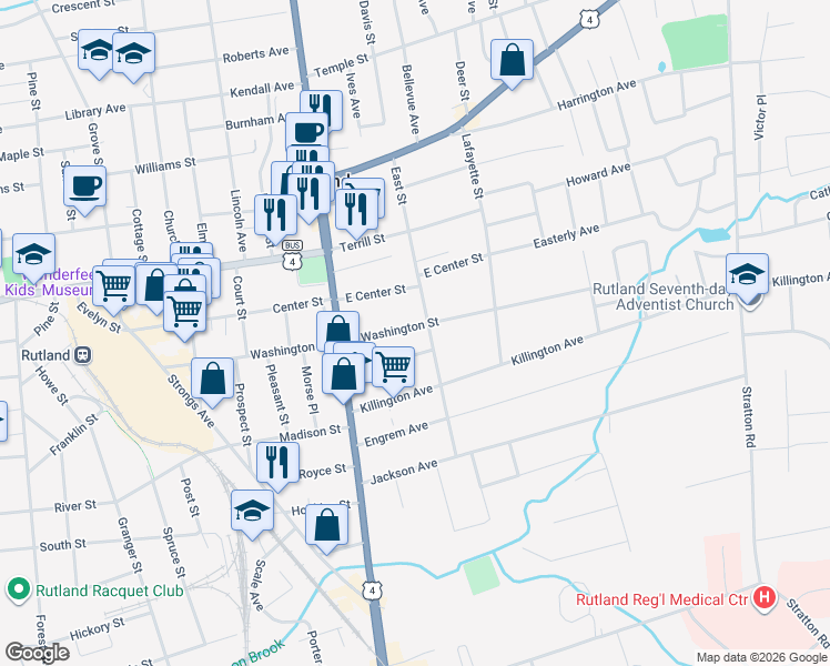 map of restaurants, bars, coffee shops, grocery stores, and more near 28 East Washington Street in Rutland