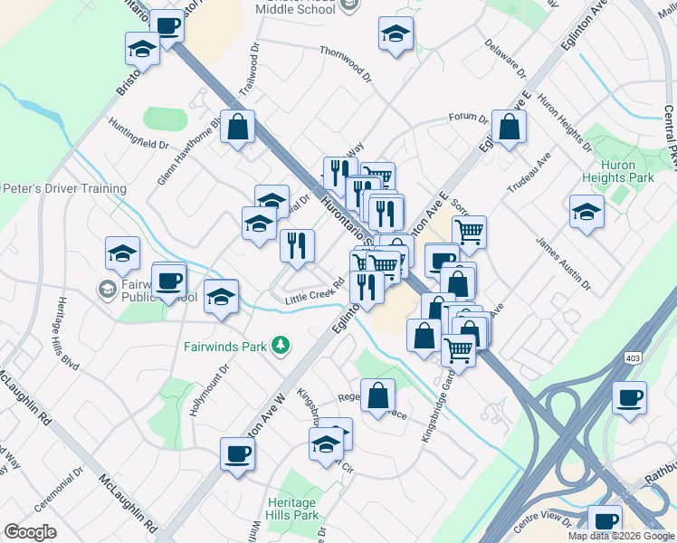 map of restaurants, bars, coffee shops, grocery stores, and more near Hurontario Street in Mississauga