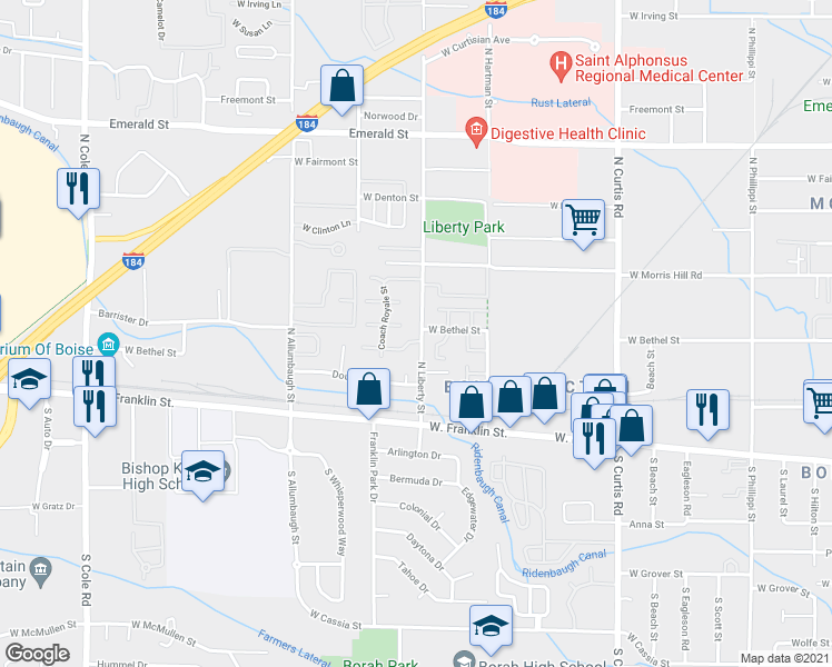 map of restaurants, bars, coffee shops, grocery stores, and more near 195 North Liberty Street in Boise