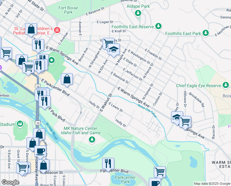 map of restaurants, bars, coffee shops, grocery stores, and more near 1109 East Warm Springs Avenue in Boise