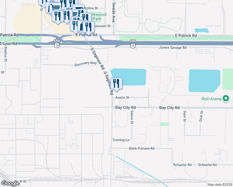 map of restaurants, bars, coffee shops, grocery stores, and more near 2929 South Saginaw Road in Midland