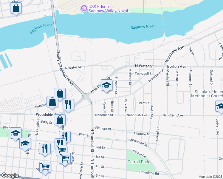 map of restaurants, bars, coffee shops, grocery stores, and more near 2614 North Van Buren Street in Bay City
