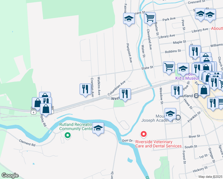 map of restaurants, bars, coffee shops, grocery stores, and more near 239 Columbian Avenue in Rutland