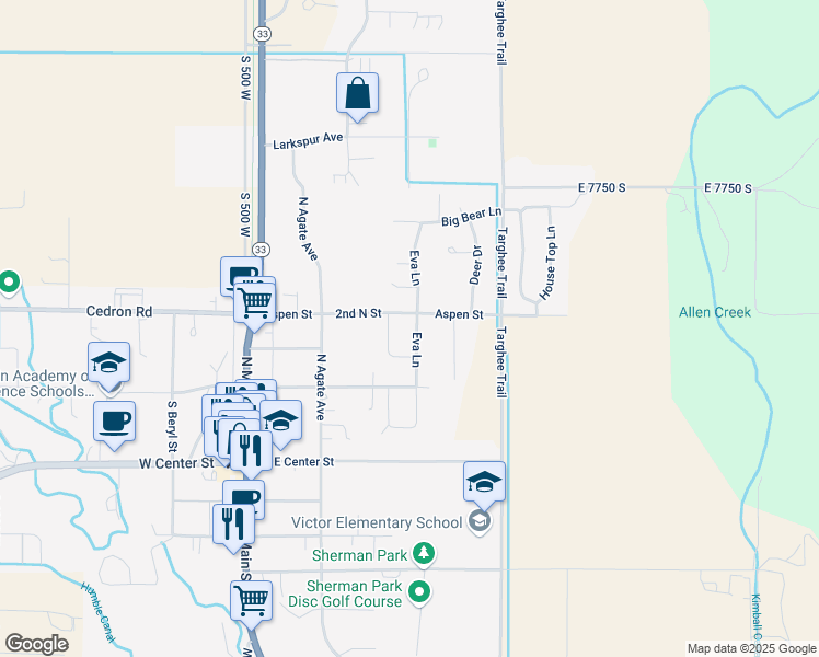 map of restaurants, bars, coffee shops, grocery stores, and more near 177 Alpine Trail in Victor