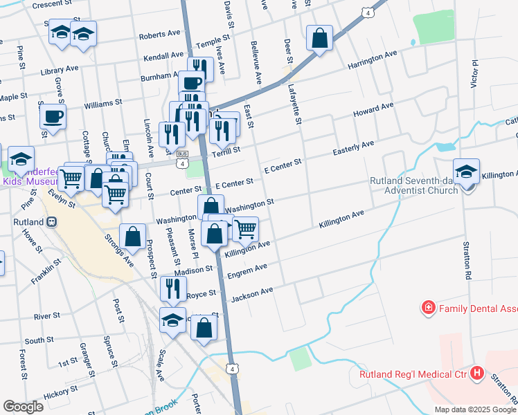 map of restaurants, bars, coffee shops, grocery stores, and more near 28 East Washington Street in Rutland