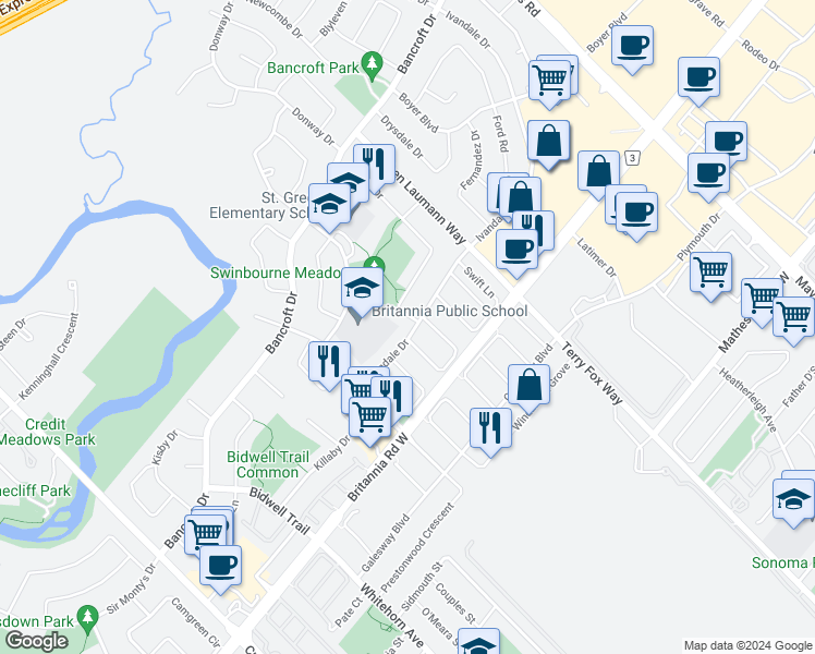 map of restaurants, bars, coffee shops, grocery stores, and more near 1113 Ivandale Drive in Mississauga